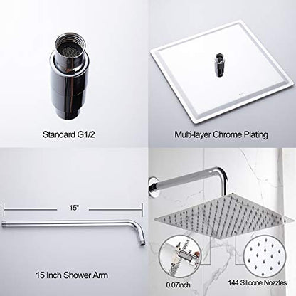 Square Rain Shower Head, High Pressure Rainfall Showerhead, Large Fixed Stainless Steel Polished Chrome Shower Rain, 12 Inch Rainhead and 15 Inch Extension Arm