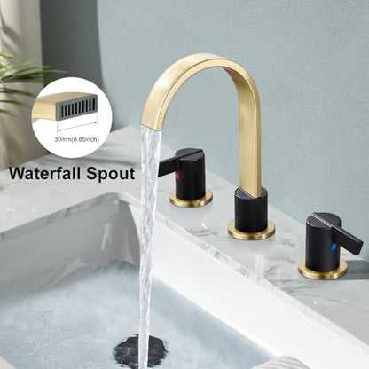 Midanya 8 Inch Widespread Bathroom Sink Faucet 3 Hole,Black and Gold Spout | Waterfall Swivel Spout,2 Handle,SUS304,with Pop Up Drain,cUPC 24" Water Hose,for 6-16” hole distance vanity,RV,Farmhouse Sink - color: Black/Gold Spout