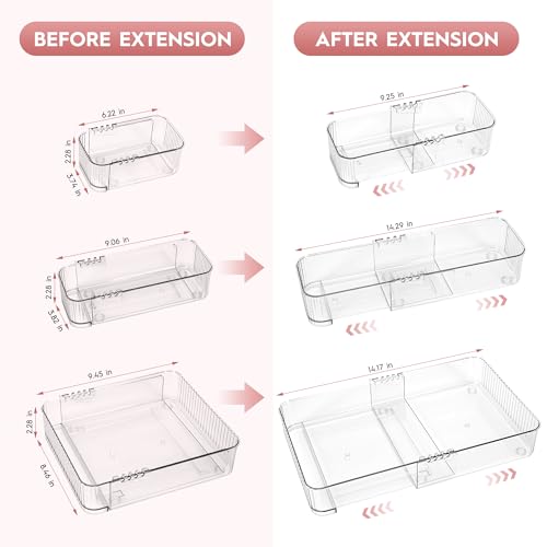 Expandable Drawer Organizer Set, Clear Adjustable Drawer Dividers, 4-Piece Storage Trays for Kitchen, Bathroom, Makeup, Office, Durable PET Material