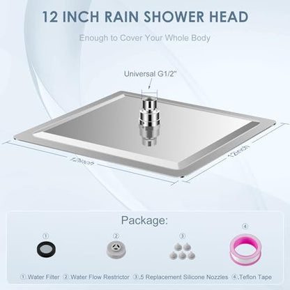 12 inch Ceiling Rain Shower Head Chrome Polished - All Metal 304 Stainless Steel, Full Body Rainrfall Shower with 144 Silicone Nozzles, Large Square Showerheads Modern Bathroom - color: A-Chrome Polished, size: 12 Inch Square
