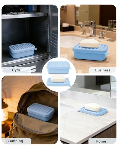 Silicone Travel Soap Case with Lid & Drain Tray, Leakproof, for Travel | Food-grade silicone, Leakproof seal, Built-in hook, Removable drain pad doubles as soap holder, For gym, travel, camping - color: Blue