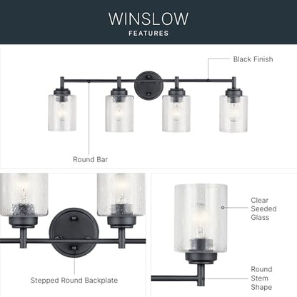 Kichler Winslow 4-Light Farmhouse Vanity Light, Black | Clear seeded glass vanity light with industrial styling (30" x 9.25" x 6.5"), 45887BK - color: Black, size: 30"