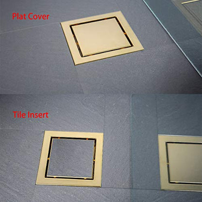 RANDOM Brushed Gold Shower Drain Square 6 inch SUS304 Stainless Steel Shower Floor Drain with Hair Strainer Tile Insert Shower Drain Cover - color: D-brushed Gold-6″ Square
