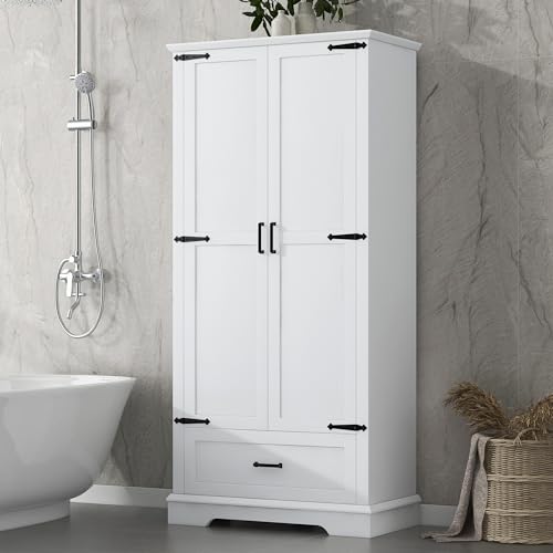 JIVOIT 69''H Tall Bathroom Storage Cabinet, Modern Storage Cabinet with Adjustable Shelves, Two Doors and One Drawer, Four Tiers Shelves, MDF Board - color: White * 147