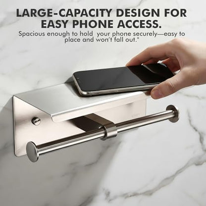 Double Toilet Paper Holder with Shelf, Wall Mount Tissue Roll Holder for Bathroom, 304 Stainless Steel Commercial Toilet Tissue Dispensers with Phone Shelf(Natural) - color: Natural
