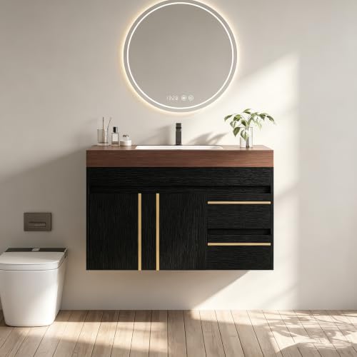 36" Wall-Mounted Bathroom Vanity with Sink, Floating Vanities Cabinet with Ceramic Basin Combo, Faux Marble Top Bathroom Sink Cabinet with 2 Doors and 2 Drawers, Plywood Frame, Walnut - color: Walnut