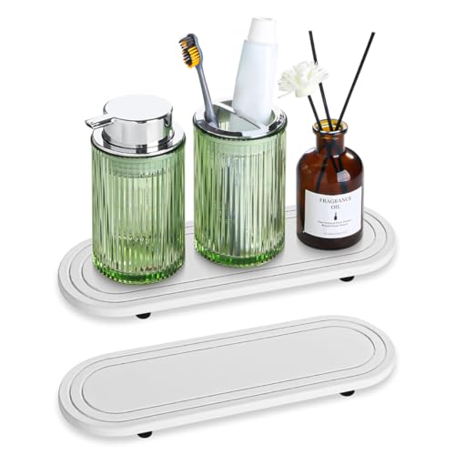 2pcs Water Absorbing Stone Tray, Fast Drying Diatomite Bathroom Tray, Soap Dish Dispenser Vanity Organizer Trays for Bathroom Sink Kitchen Counter, Quick Dry Stone Mat for Kitchen (White) - color: White