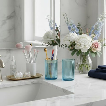 Toothbrush Holders for Bathrooms, 2pcs Blue Glass Toothbrush Holder, Bathroom Toothbrush Cup and Toothpaste Holder with Gold Divider, Tooth Brush and Toothpaste Organizer for Countertop - color: Blue Gold