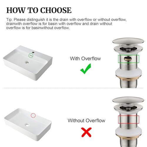 Pop up Sink Drain Stopper with Overflow Brushed Nickel for Bathroom Vessel Vanity Sink Art Basin，Big Cap Sink Drain with Overflow, Metal Pop-up Drain Strainer with Detachable Basket Stopper - color: Brushed Nickel, style: with overflow