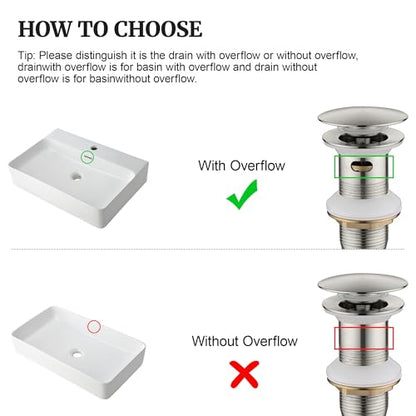 Pop up Sink Drain Stopper with Overflow Brushed Nickel for Bathroom Vessel Vanity Sink Art Basin，Big Cap Sink Drain with Overflow, Metal Pop-up Drain Strainer with Detachable Basket Stopper - color: Brushed Nickel, style: with overflow