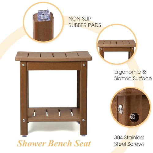 Apolimi Shower Chair, HDPE Shower Bench for Inside Shower to Sit On It, Shower Stool with Storage Shelf 2-Tier Spa Stool for Elderly,Water Resistant & Non-Slip Design Shower Seat Bench (Teak S Size)
