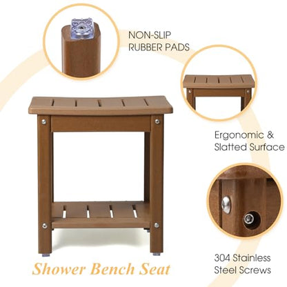 Apolimi Shower Chair, HDPE Shower Bench for Inside Shower to Sit On It, Shower Stool with Storage Shelf 2-Tier Spa Stool for Elderly,Water Resistant & Non-Slip Design Shower Seat Bench (Teak S Size)
