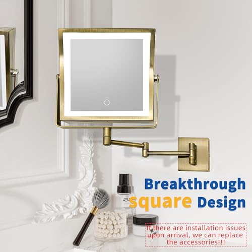 Ruacq Wall Mounted Makeup Mirror with Lights 1X/10X Antique Brass | 8",4000mAh Rechargeable,Magnification,3 Color,Touch Screen Dimmable,360° Rotation Extension Foldable Arm, Square, Women Gift - color: Antique Brass