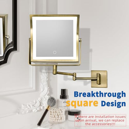 Ruacq Wall Mounted Makeup Mirror with Lights 1X/10X Antique Brass | 8",4000mAh Rechargeable,Magnification,3 Color,Touch Screen Dimmable,360° Rotation Extension Foldable Arm, Square, Women Gift - color: Antique Brass