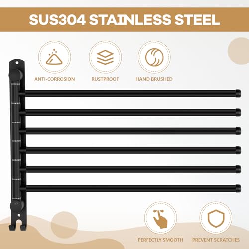 Teenyyou Swivel Towel Rack 16.5 Inches 304 Stainless Steel 6 Arms Bathroom Towel Rack Hanger Space Saving Pool Holder Wall Mounted Swivel Bar with Hook, Matte Black - color: Black, size: 16.5 Inches, style: 6 Arms