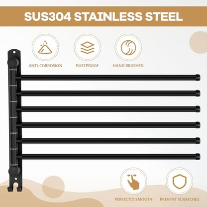 Teenyyou Swivel Towel Rack 16.5 Inches 304 Stainless Steel 6 Arms Bathroom Towel Rack Hanger Space Saving Pool Holder Wall Mounted Swivel Bar with Hook, Matte Black - color: Black, size: 16.5 Inches, style: 6 Arms