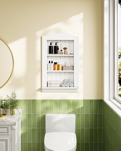 Recessed Wall Niche, 3-Tier Recessed Medicine Cabinet, Bathroom Cabinet Wall Mount, Bamboo Medicine Organizer, Wall Storage Cabinet, for Bathroom, Living Room, Kitchen, White - size: 17.6"L x 2.1"W x 26.7"H