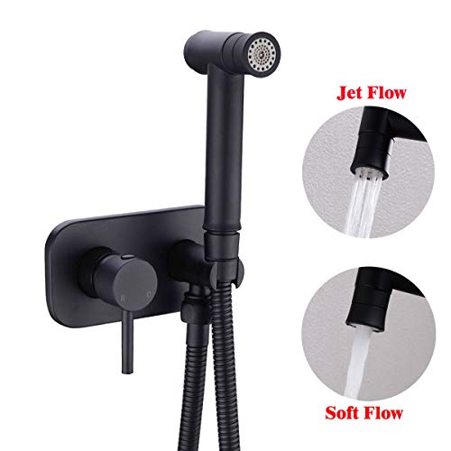 TRUSTMI Toilet Concealed Hot and Cold Bidet Spray Set, Matte Black | Brass Rough-In Wall Mount,Thumb-Free Push Button Hand Held Sprayer Head, 2 Function - color: Matte Black