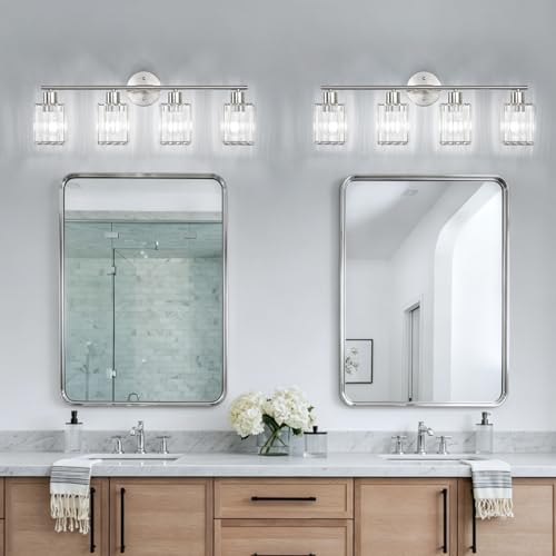 4 Light Bathroom Light Fixtures, Modern Crystal Vanity Lights over Mirror | Metal Frame, Bathroom Light with Square Crystal Shade, ETL Certified, E26 Ceramic Socket, Bulbs Not Included - color: Brushed Nickel, size: 4-Light