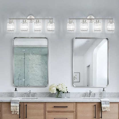 4 Light Bathroom Light Fixtures, Modern Crystal Vanity Lights over Mirror | Metal Frame, Bathroom Light with Square Crystal Shade, ETL Certified, E26 Ceramic Socket, Bulbs Not Included - color: Brushed Nickel, size: 4-Light