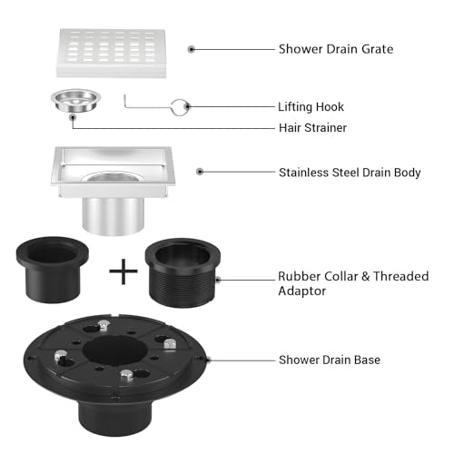 EXF Square Shower Drain 4-3/8 Inch Chrome with ABS Flange | Stainless Steel, Anti-Clog, Removable Grid Grate Hair Catcher, for Modern Bathroom Remodel Curbless Shower - color: Chrome, size: 4IN