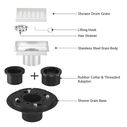 EXF Square Shower Drain 4-3/8 Inch Chrome with ABS Flange | Stainless Steel, Anti-Clog, Removable Grid Grate Hair Catcher, for Modern Bathroom Remodel Curbless Shower - color: Chrome, size: 4IN