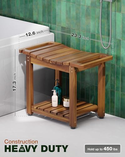 Bluewest 23.4 Inch Shower Bench with Storage Shelf, Natural Wood and Handle | Waterproof Bathroom Spa Bench for Sitting Inside the Shower and Shaving Legs, with a Built-In Handle and Shower Head Holder. - size: 2 Tier - Natural