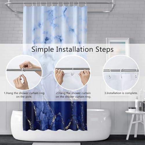 Navy Blue Marble Stall Waterproof Shower Curtain 36x72 inches | RV Small Shower Curtain Set for Bathroom, Abstract Modern, Machine Washable, Easy to Install with Hooks, Ombre White Blue - color: Navy Blue, size: 36"W x 72"L (Pack of 1)