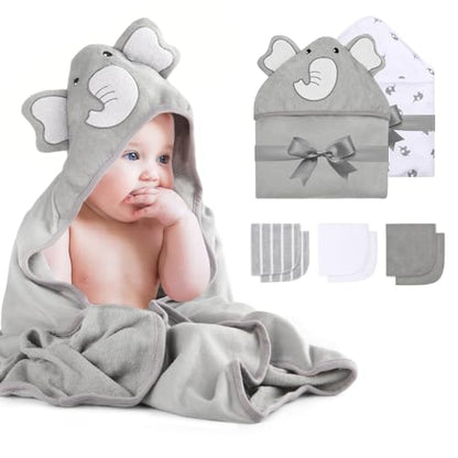 Momcozy Baby Towel, 5pcs Baby Bath Towel Set，Soft&Breathable，Elephant - color: Grey