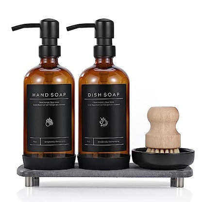 [Luxury] Kitchen Soap Dispenser Set - 16OZ Amber Glass Bottle, Stainless Steel Pump, Instant Dry Tray, Waterproof Labels, Non-Slip Silicone Pad, and Dish Brush | Upgrade for Your Kitchen and Bathroom - color: Amber Bottle + Black Pump
