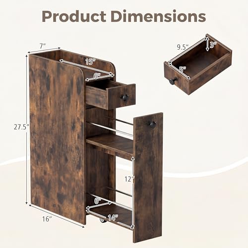 COSTWAY Slim Bathroom Cabinet, Freestanding Narrow Organizer, Rustic Brown | 7" Wide Space-Saving Storage with 2-Tier Slide-Out Drawer, Shelf & Toilet Paper Holder, for Bathroom, Laundry & Small Spaces - color: Rustic Brown