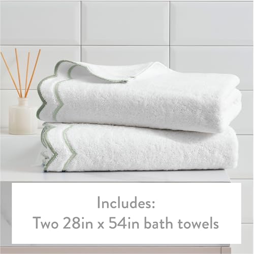 Peri Home 2 Piece Cotton Bath Towel Set, Embroidered, White, Sage Scallop - color: White With Sage Scallop, size: 2 Bath Towel