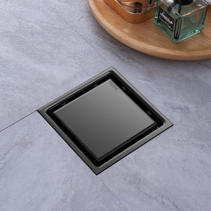 Hidden Brushed Square Shower Floor Drain, Black 4 inch, 304 Stainless Steel, with Flange, Detachable Cover Embedded in Ceramic Tiles - color: Hidden Black, size: 4 inch