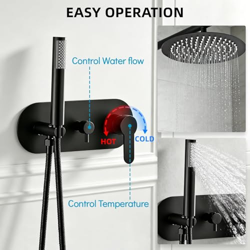 HUCKLE Shower Faucet Set, 10 Inch Rainfall Shower head With Handheld | Black Shower Head and Handheld Set, Single Handle Control, Shower System, Wall Mount, Included Brass Valve and Trim kit