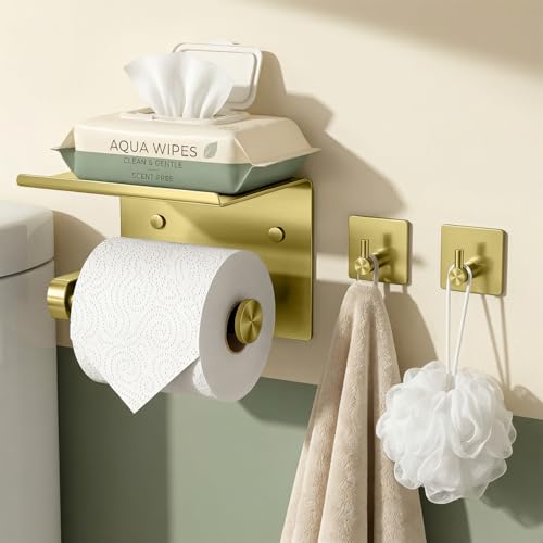 Tindbea Toilet Paper Holder Wall Mount + Towel Robe Hooks, Adhesive or Screw Wall Mounted Toilet Paper Roll Holder with Shelf, Stainless Steel Bathroom Organizers and Storage Kit (Brushed Gold) - color: Brushed Gold, size: Regular