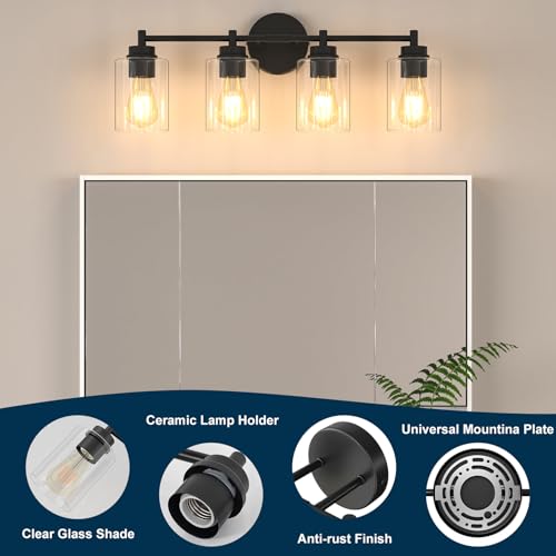 4-Light Bathroom Light Fixtures, Matte Black Modern Vanity Light with Clear Glass Shades, Bathroom Sconce for Mirror Living Room Cabinet Bedroom Porch,E26 Base(Bulbs Not Included) - color: Black 4 Lights