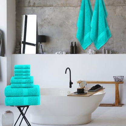 QUBA LINEN Pack of 8 Towels Set, 2 Large Bath Towels, 2 Hand Towels, 4 Wash Cloths, 100% Cotton, Lighter Weight, Quicker to Dry, Super Absorbent, Perfect for Bathroom (Aqua) - color: Aqua