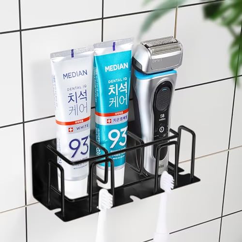 HANZE Toothbrush and Toothpaste Holder Wall Mounted – Space-Saving Bathroom Organizer (Black) - color: 4 Person - Black