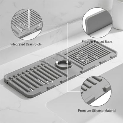 Silicone Faucet Splash Guard Mat，13 x 3.35 Inches | Flexible Design ，Slot Design ，Multi-Scene Use ，Neat Countertop Helper - color: Gray