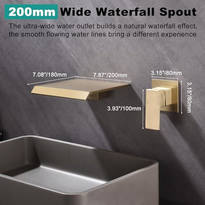 Waterfall Wall Mount Tub Faucet Bathroom Bathtub Faucet Sink Faucet Single Handle Tub Filler Rough-in Valve Included Brushed Gold Modern Basin Mixer Tap