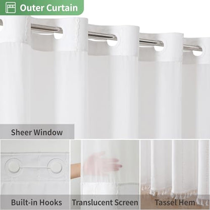 eachope White Farmhouse No Hook Shower Curtain Set with Snap-in Fabric Liner,Boho Heavy-Duty Linen Textured Rustic Striped Design,Water-Repellent with Tassels and Sheer Window,71x74 - color: White, size: 71"W x 74"L (Pack of 1)