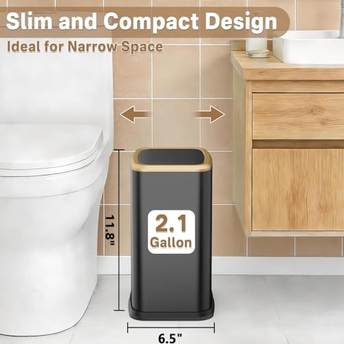 2.1 Gallon Slim Bathroom Trash Can with Swing Lid, 8L Stainless Steel Bathroom Garbage Can with Removable Inner Bucket for Narrow Spaces, Toilet Side, Bathroom, Bedroom - color: Black and Gold