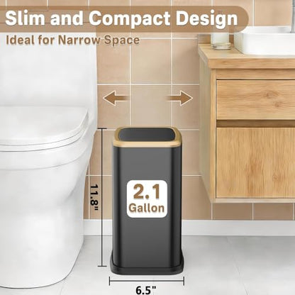 2.1 Gallon Slim Bathroom Trash Can with Swing Lid, 8L Stainless Steel Bathroom Garbage Can with Removable Inner Bucket for Narrow Spaces, Toilet Side, Bathroom, Bedroom - color: Black and Gold