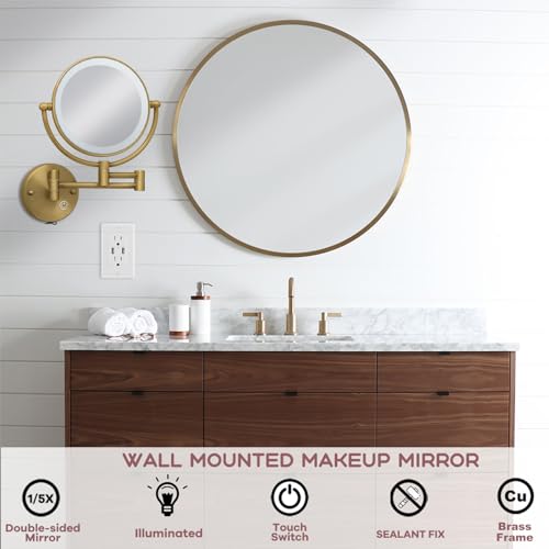 Wall Mounted Makeup Mirror with Lights and Magnification, Antique Brass | 8-Inch, Close Vanity, 1X/5X, 2 Sided, 3 Color LED Lighting, Extension Arm, Brushed Finish, Bathroom Arts Ware, USB Charging - color: Brushed Antique Brass