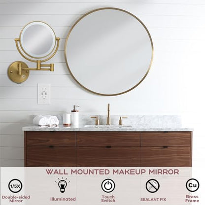 Wall Mounted Makeup Mirror with Lights and Magnification, Antique Brass | 8-Inch, Close Vanity, 1X/5X, 2 Sided, 3 Color LED Lighting, Extension Arm, Brushed Finish, Bathroom Arts Ware, USB Charging - color: Brushed Antique Brass