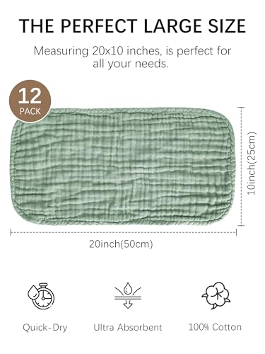 Lovely Care 12 Pack Muslin Burp Cloths 100% Cotton Muslin Cloths Large 20''x10'' Extra Soft and Absorbent Baby Burping Cloth - Sage, Teal and Blue - color: Sage, Teal and Blue, size: 10x20 Inch (Pack of 12)