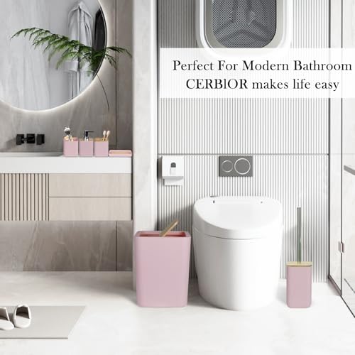 CERBIOR Bamboo Bathroom Accessories Set 6 Piece Bath Ensemble（Pink） | Includes Soap Dispenser, Toothbrush Holder, Toothbrush Cup, Soap Dish for Decorative Countertop and Housewarming Gift (Pink) - size: Complete Set, style: Pink