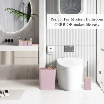 CERBIOR Bamboo Bathroom Accessories Set 6 Piece Bath Ensemble（Pink） | Includes Soap Dispenser, Toothbrush Holder, Toothbrush Cup, Soap Dish for Decorative Countertop and Housewarming Gift (Pink) - size: Complete Set, style: Pink