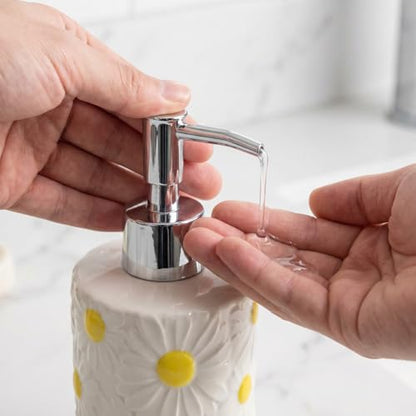 Flower Ceramic Soap Dispenser Cute Daisy Hand Soap Bottle 11.5 Oz | Floral Liquid Soap Dispenser with Pump, Refillable for Lotion, Shampoo, Body Wash, Bathroom Kitchen Vanity Countertop Decor