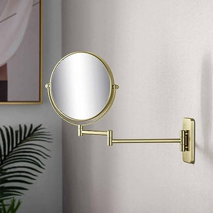 Circular Wall Mount Makeup Mirror, Dual-Sided 1x/5x Magnifying Mirror with Extendable Arm, 360° Swivel, Solid Brass Construction for Durability and Style (Brushed Gold, KMM100) - color: Gold